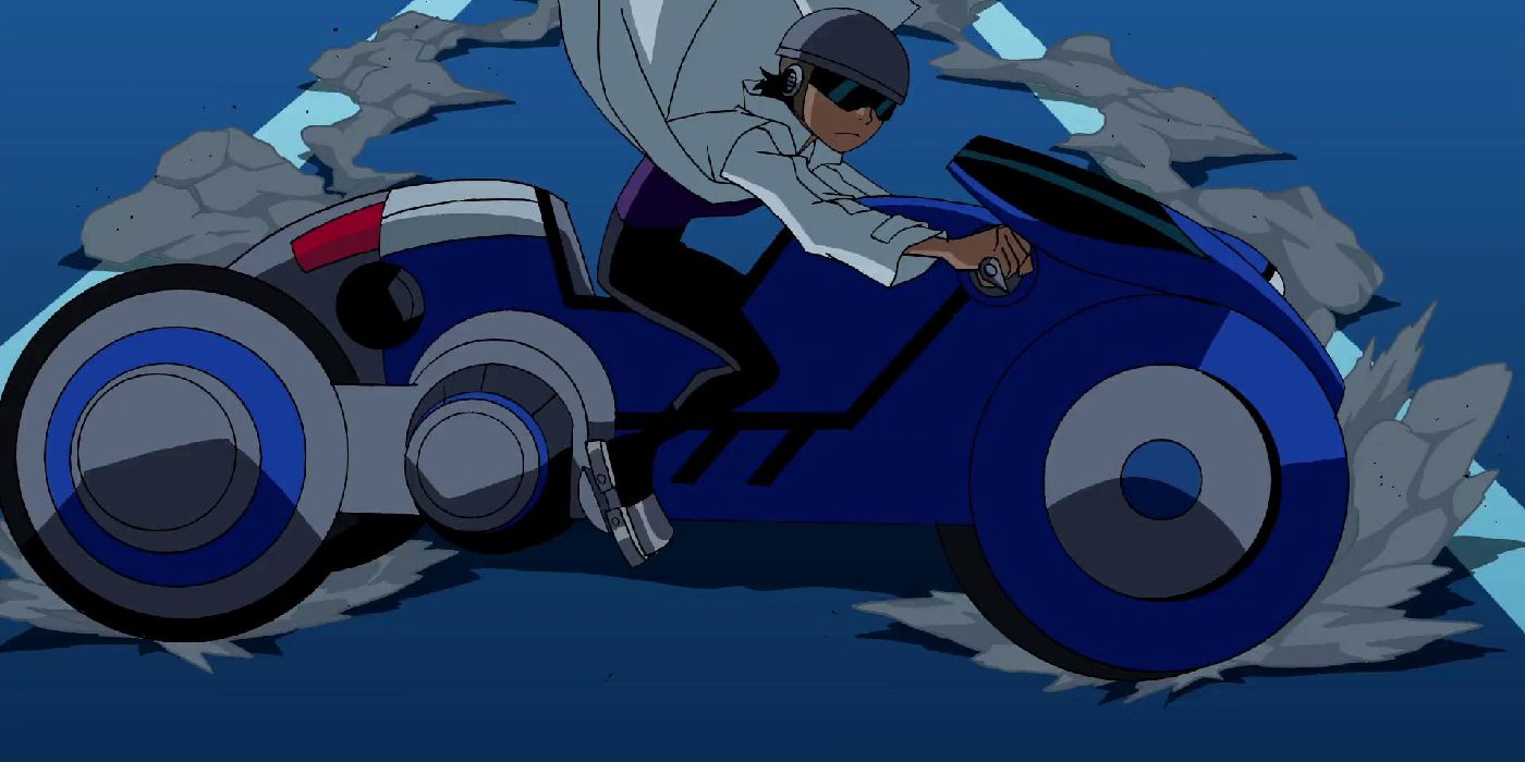 Robin of Teen Titans is sliding by Akira's bike while using a disguise.