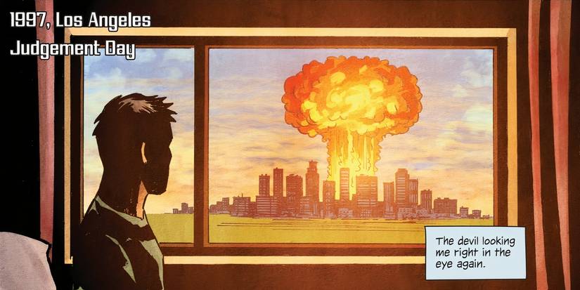 A man watching a nuclear explosion from his bed in The Terminator.