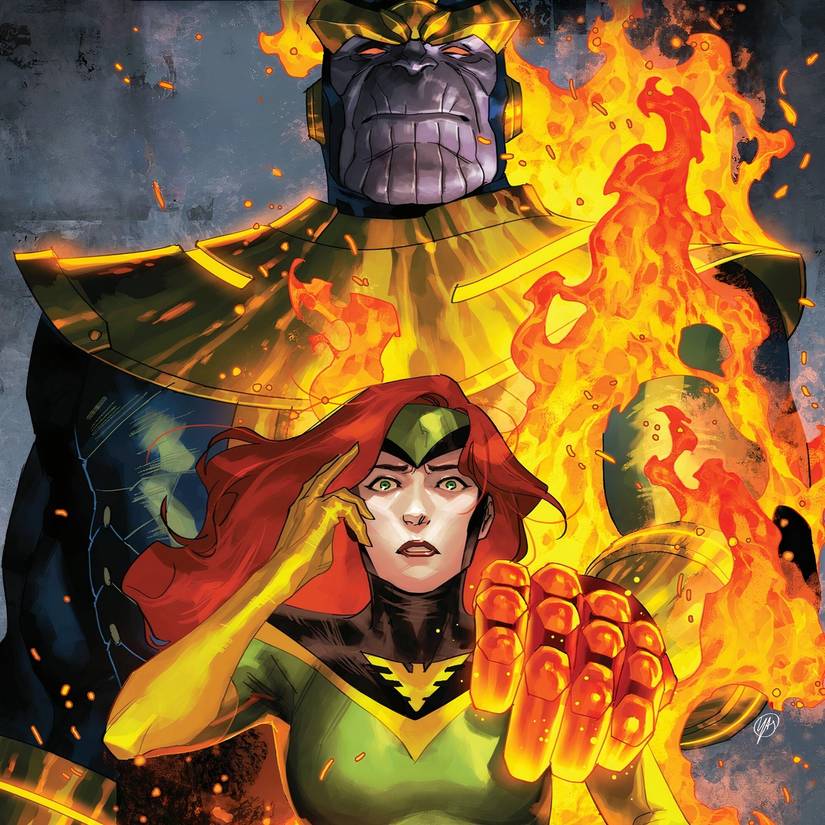 Thanos standing behind Jean Grey with a hand on her shoulder.