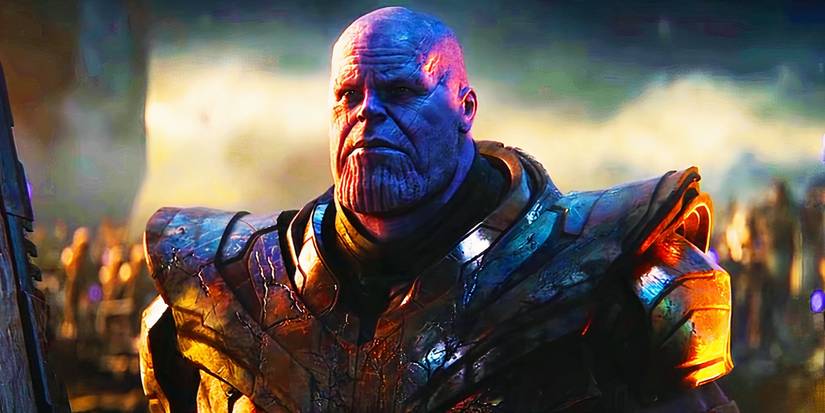 Thanos watching the Avengers on the battlefield in Avengers Endgame