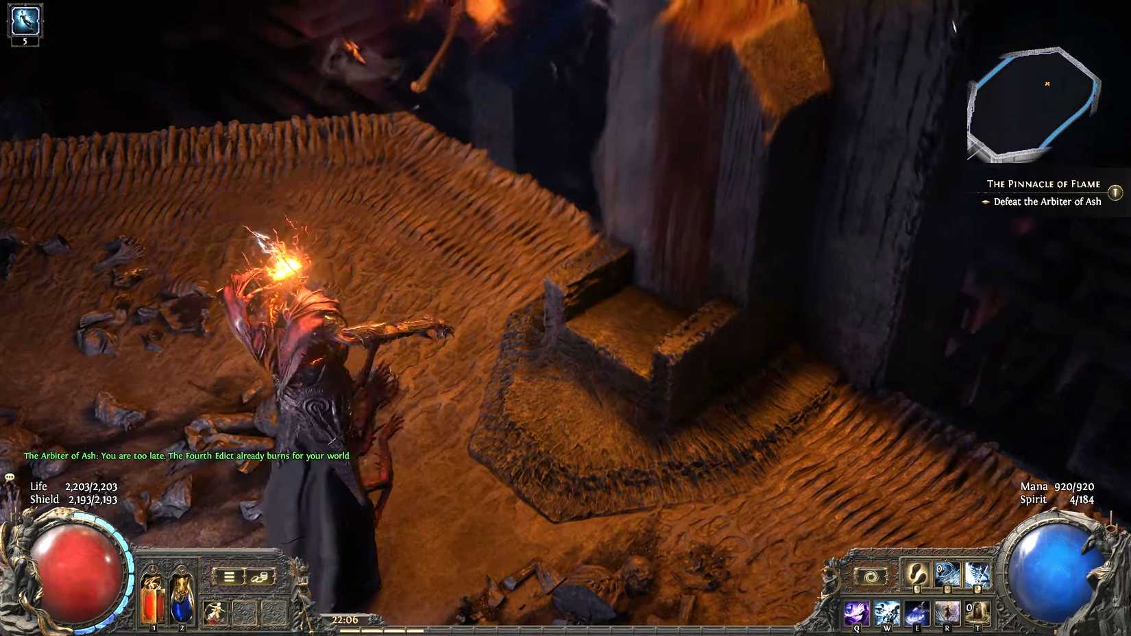 The Arbiter of Ash prays to an altar in the intro to his boss fight in a screenshot from Path of Exile 2.