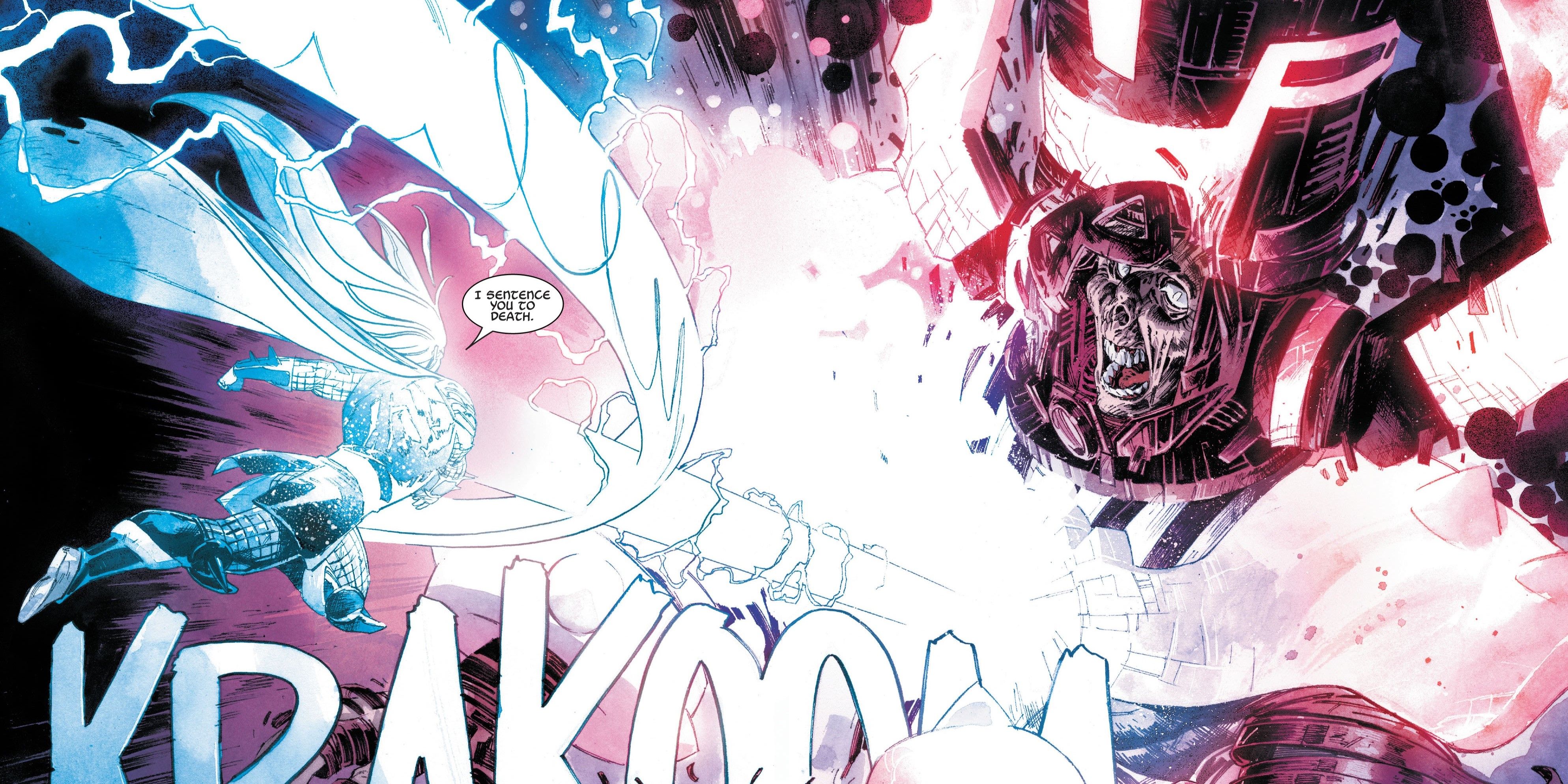 Thor throws Mjolnir on Galactus's chest.