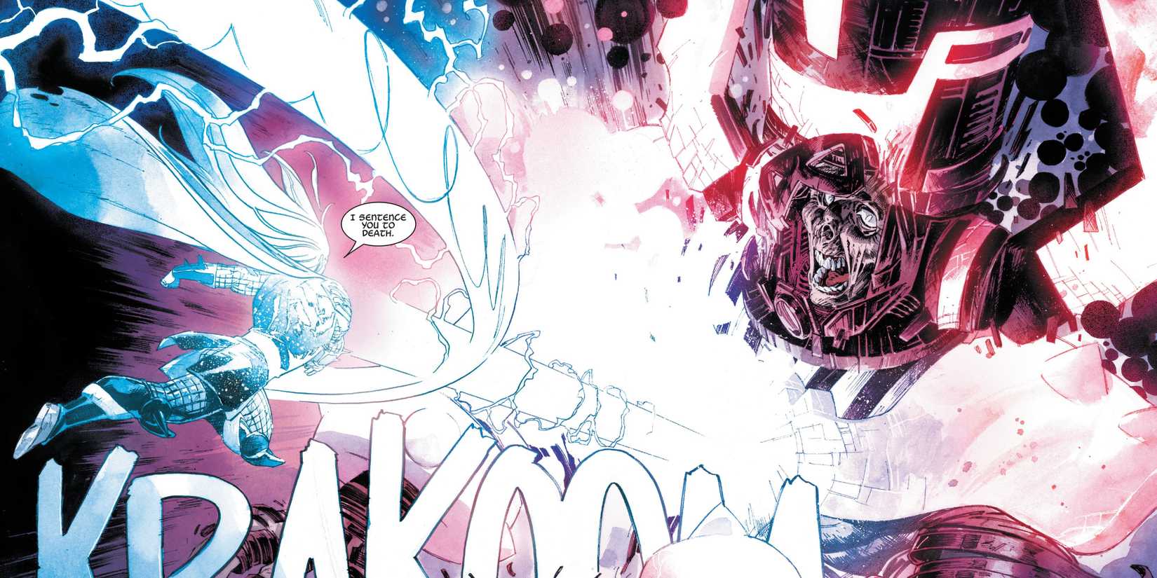 Thor throws Mjolnir into Galactus's chest.