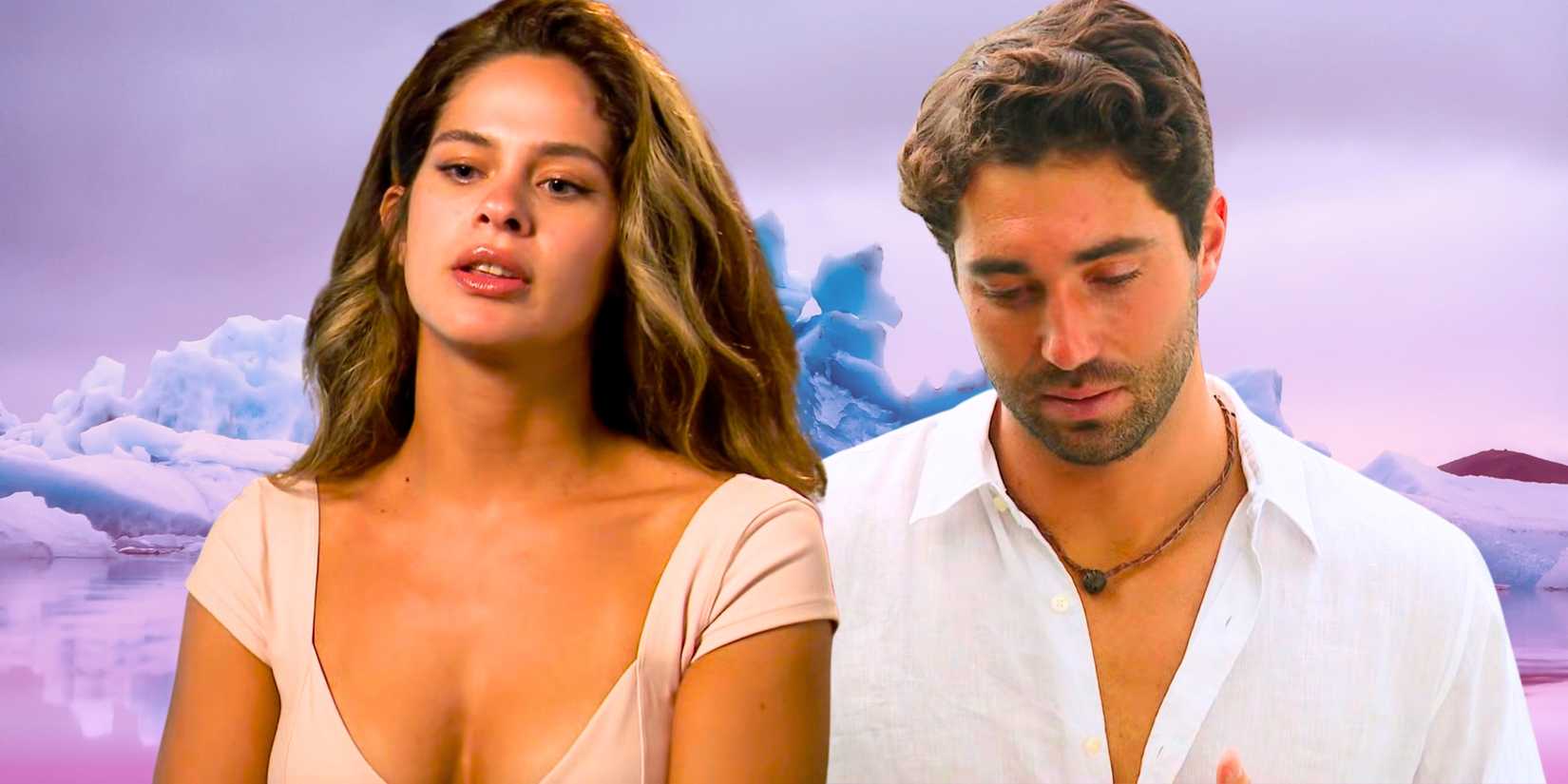 The Bachelor Joey Graziadei & Kelsey Anderson in side by side images looking down and sad
