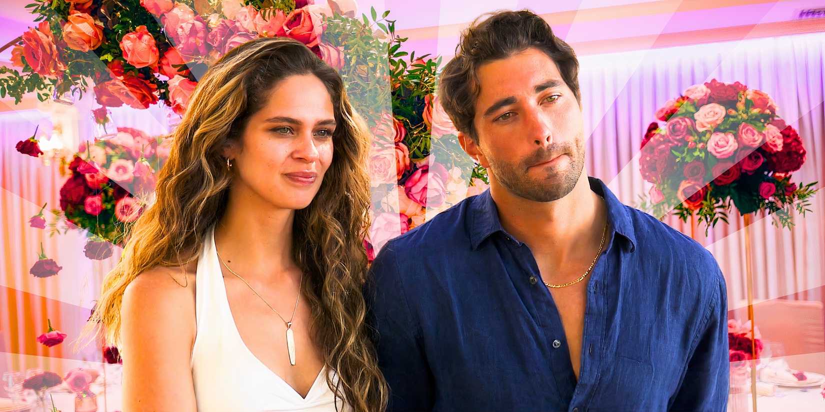  image of Joey Graziadei & Kelsey Anderson from the bachelor in front of flowers