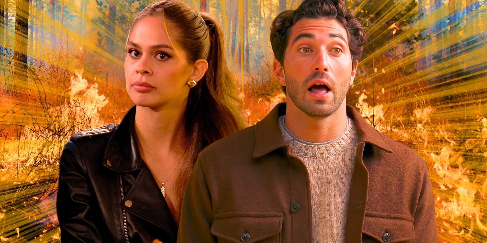 The Bachelor’s Kelsey Anderson and Joey Graziadei look unsure in front of fire.