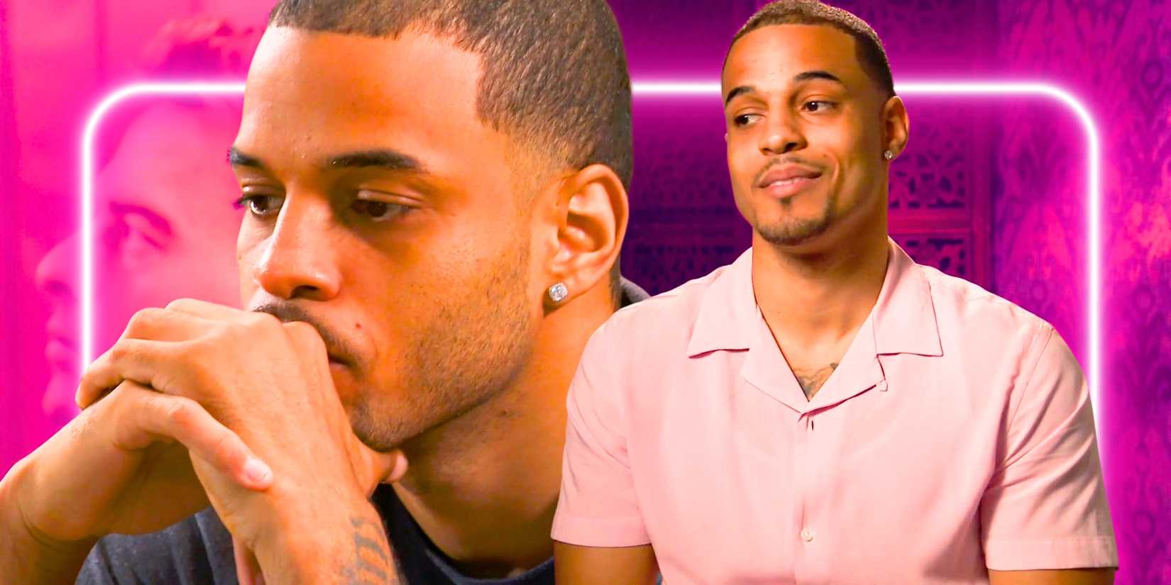 The Bachelor's Grant Ellis smirks and rests his hands on his mouth in a serious manner in a montage image