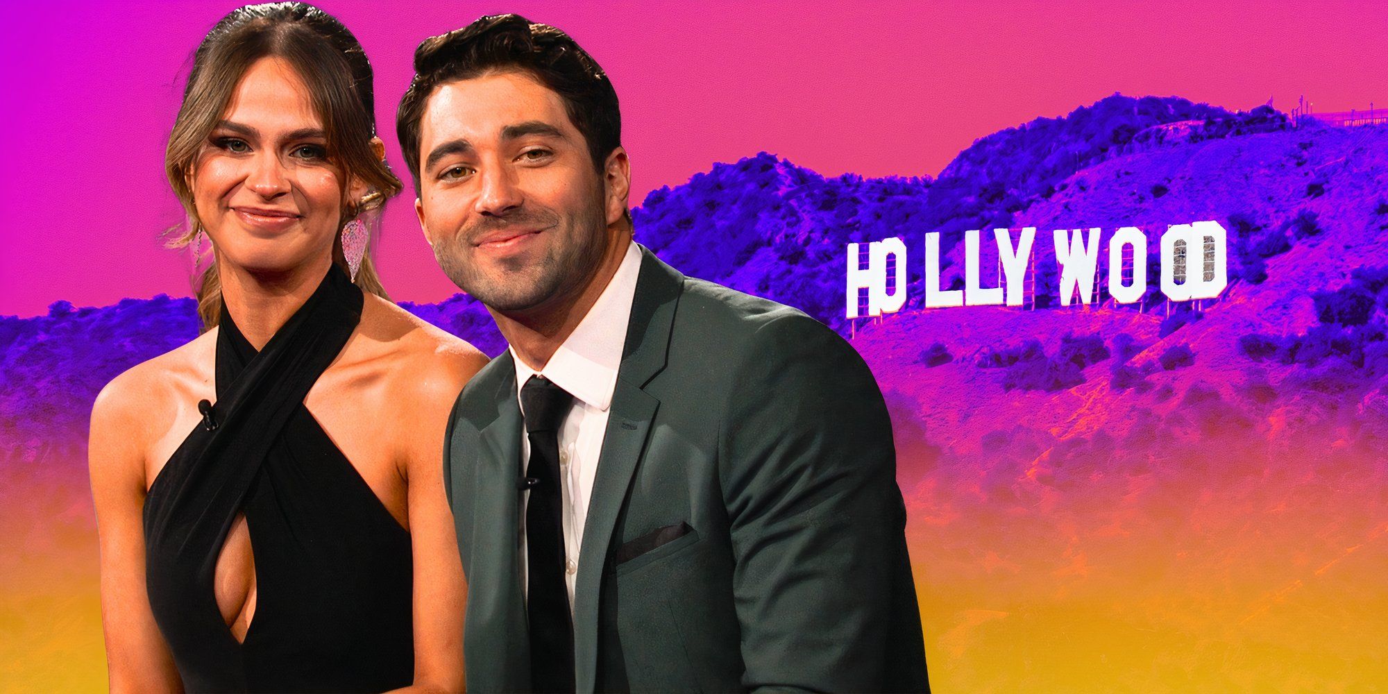 the bachelor stars joey graziadei and kelsey anderson dressed up in montage with hollywood sign