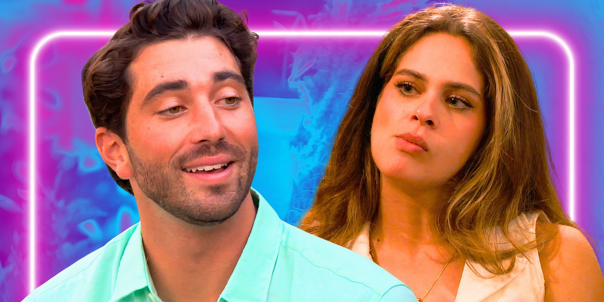 The Bachelor stars Joey Graziadei and Kelsey Anderson in montage with him smiling and her serious and neon background