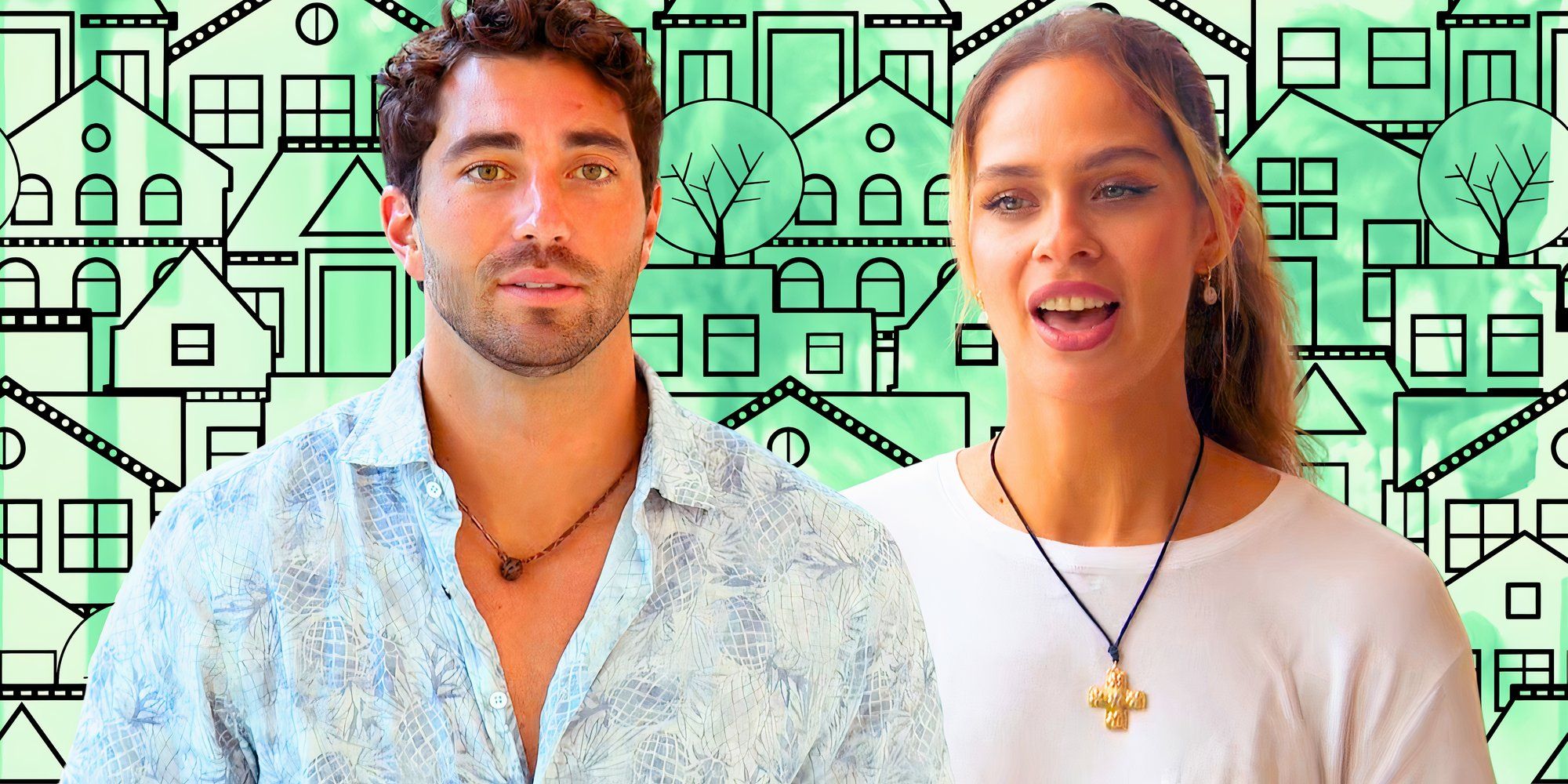 image of The Bachelor&rsquo;s Joey Graziadei And Kelsey Anderson with green homes behind them