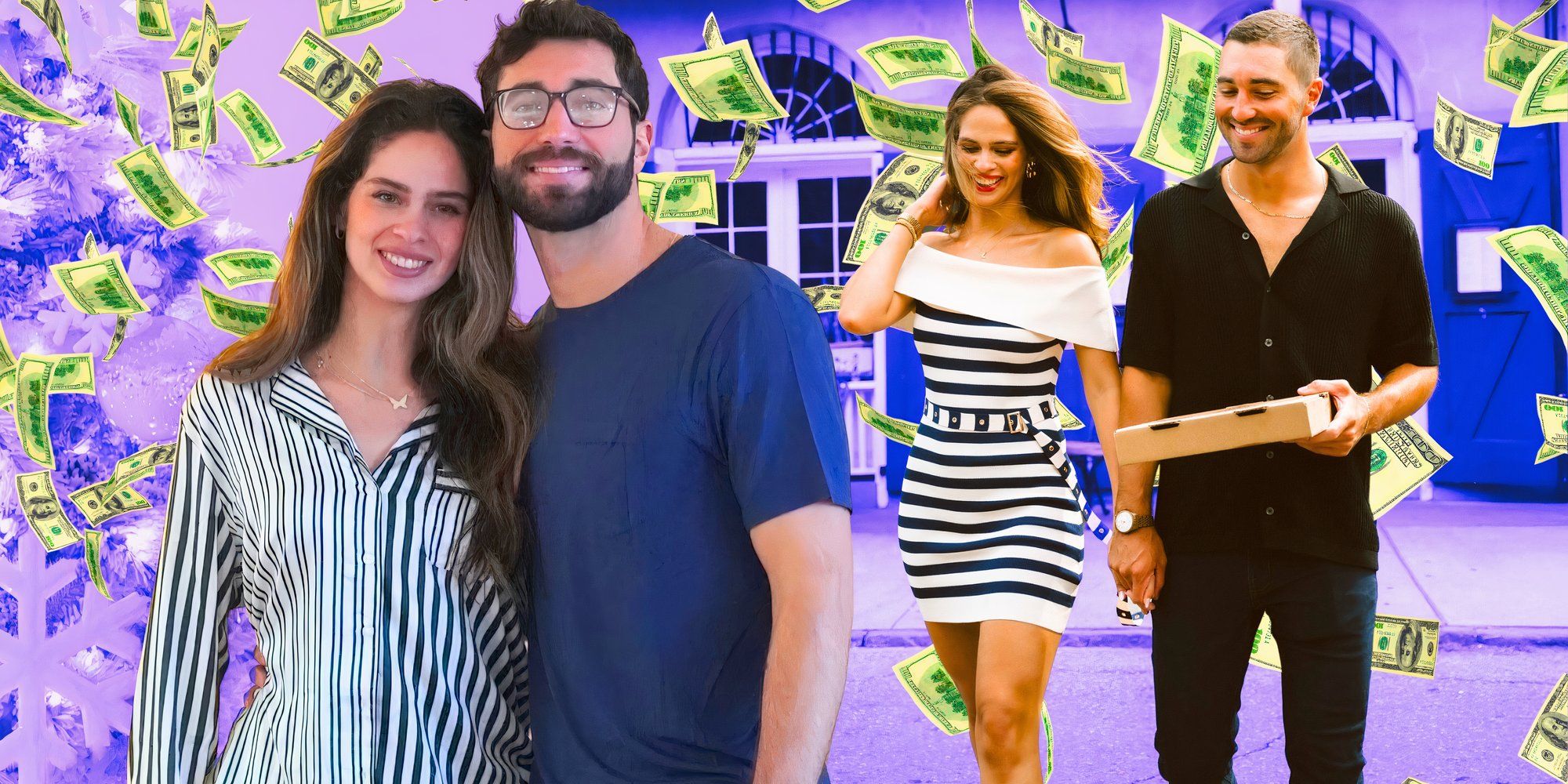 montage of joey and kelsey from the bachelor with money behind them