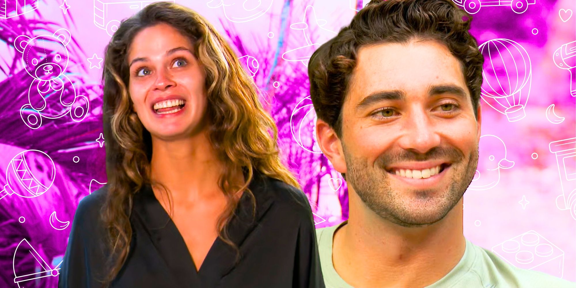 The Bachelor&rsquo;s Joey Graziadei &amp; Kelsey Anderson smiling and looking happy with a baby theme background