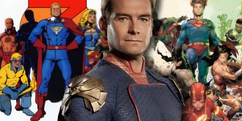The Boys' Homelander with the comic book version of the Seven and DC's Justice League behind him.
