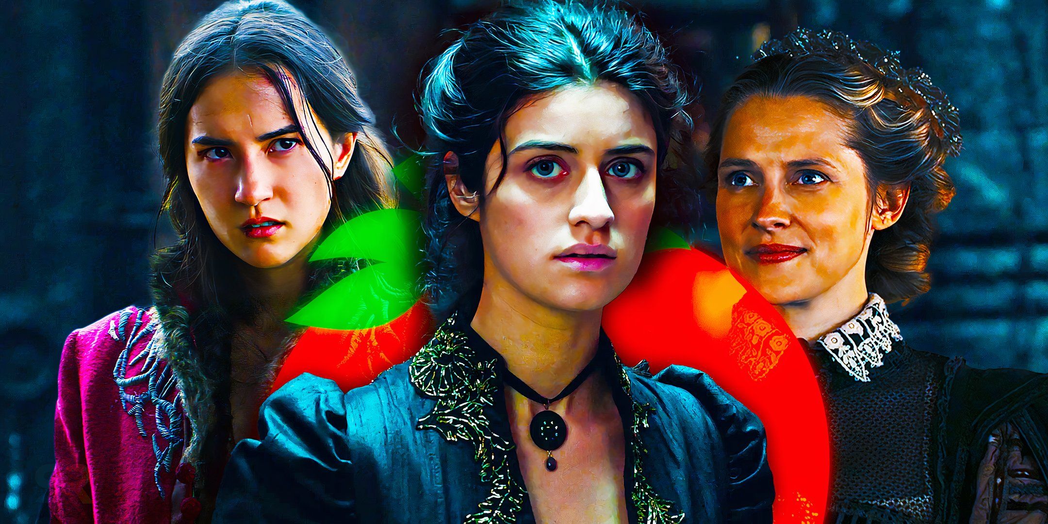 A custom image of Alina, Diana and Yennefer with a tomato and a dark background.