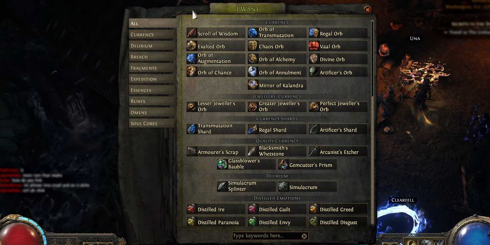 The Currency Exchange menu, showing a list of currency, in Path of Exile 2.-1