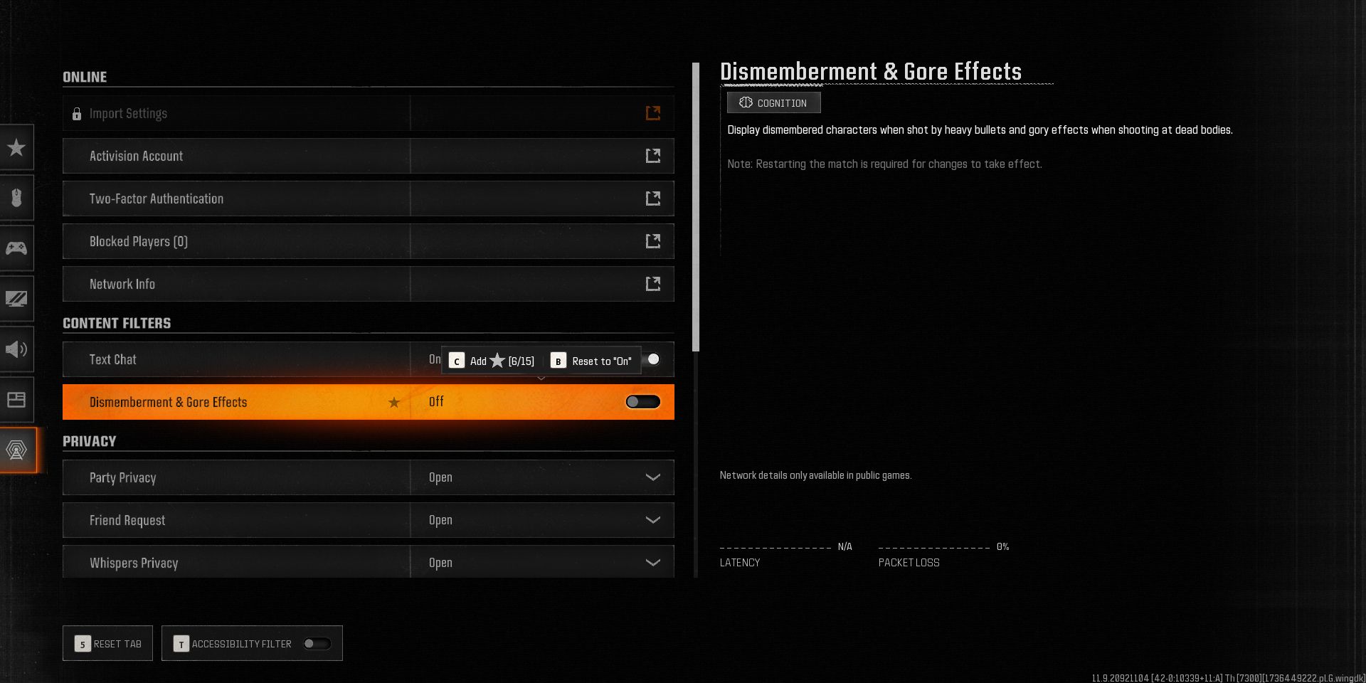 Paramètres des effets Dismember et Gore dans le menu Black Ops 6.