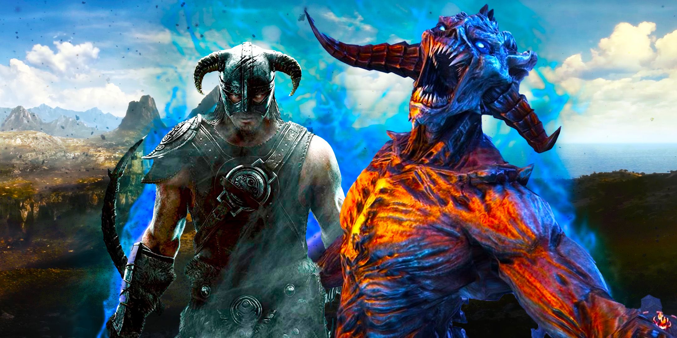 The Dragonborn and Molag Bal in front of a still from the Elder Scrolls 6 trailer