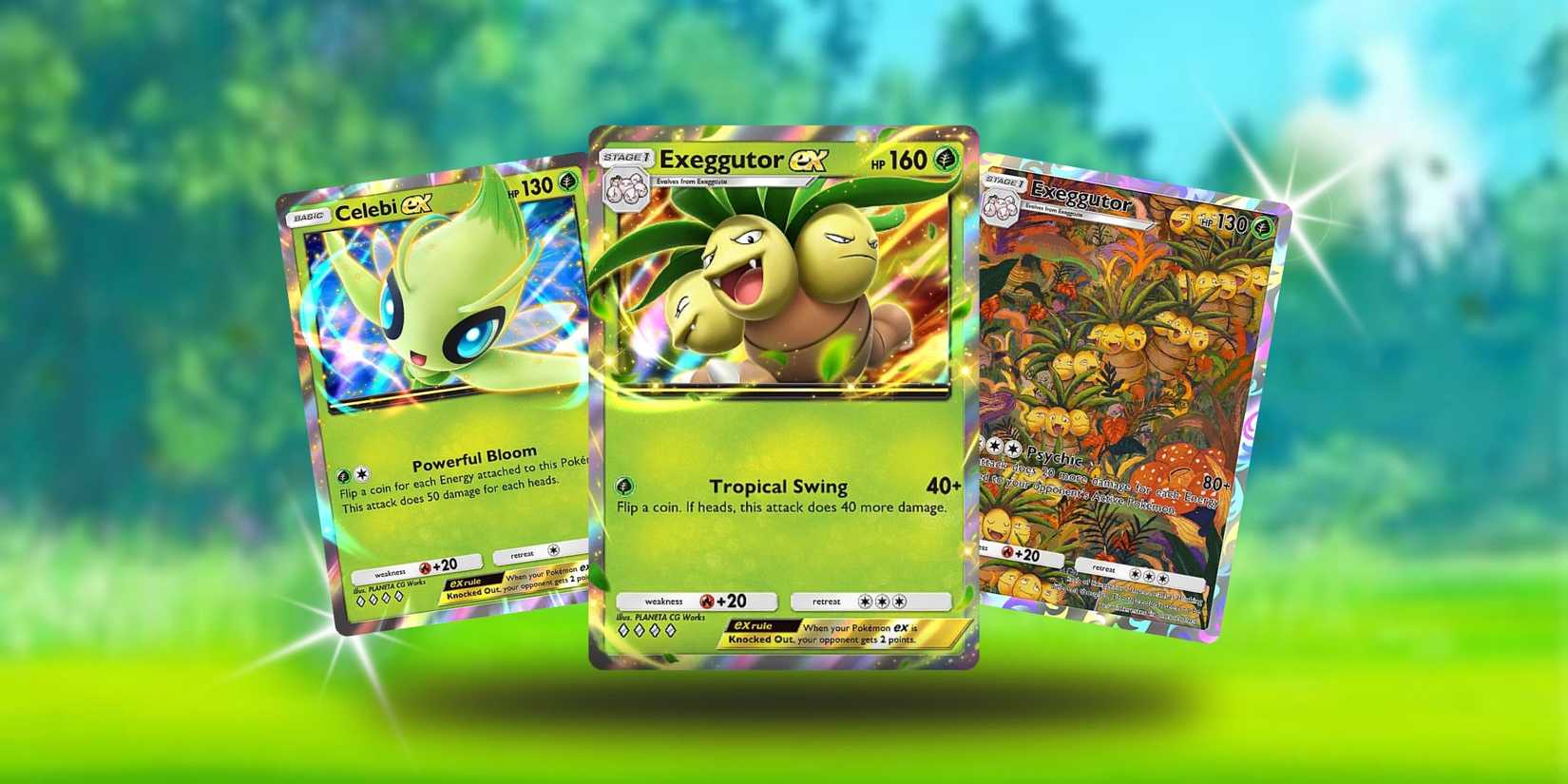 The Exeggutor Ex Deck, including Celebi ex, Exeggutor and Exeggutor ex in Pokémon TCG Pocket on a grassy background.