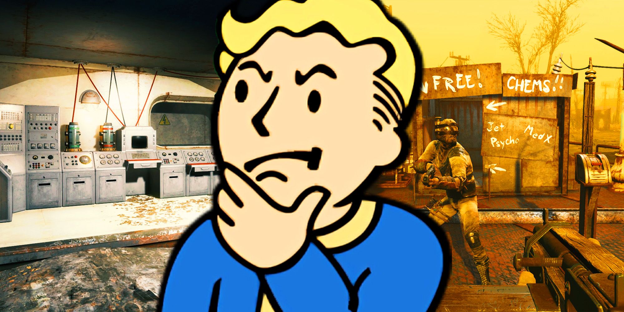 The fallout vault boy with scenes from Fallout 4.