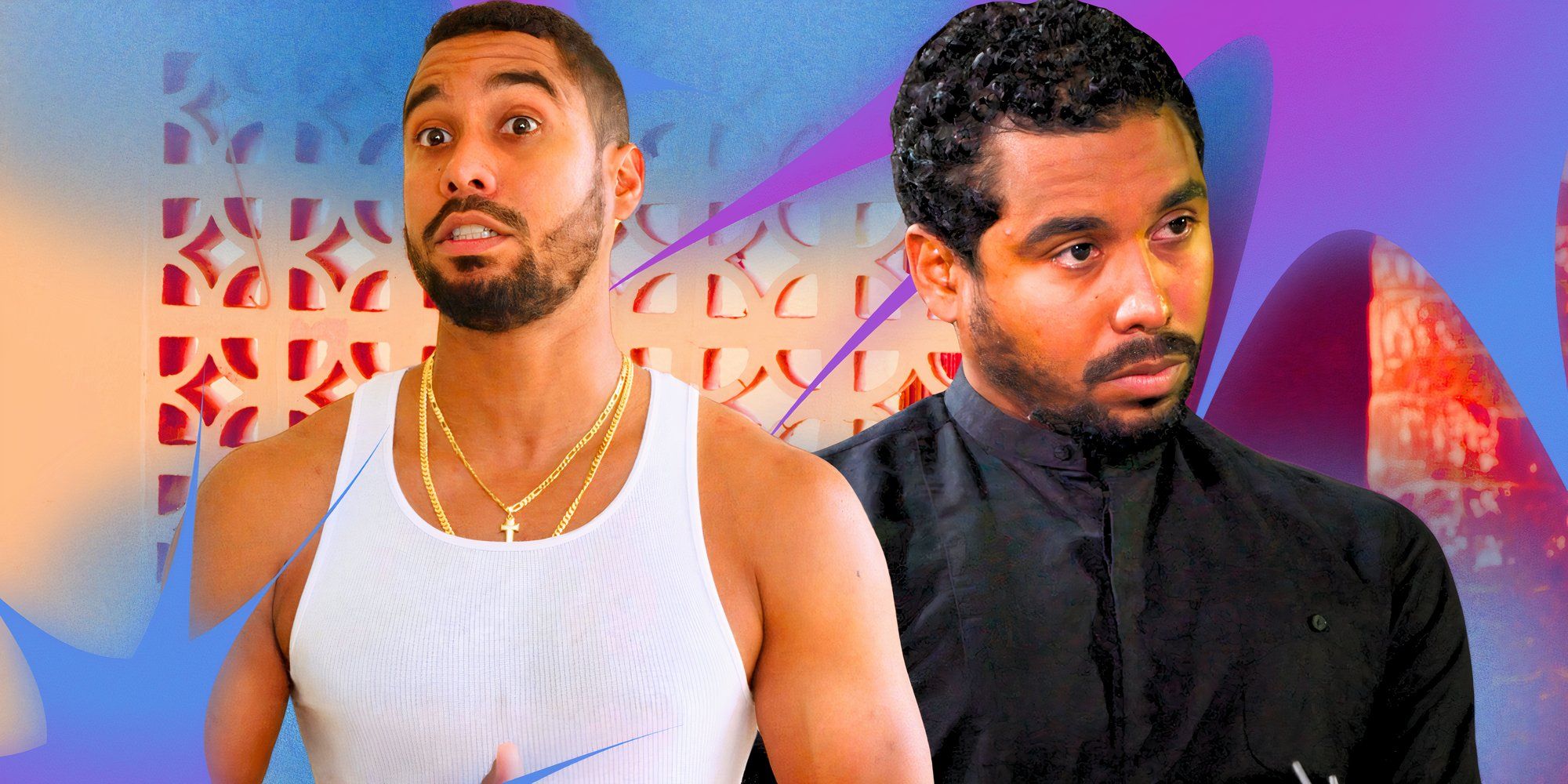 the family chantel stars pedro jimeno and chantel everett in montage with pedro in tank top and black shirt looking serious