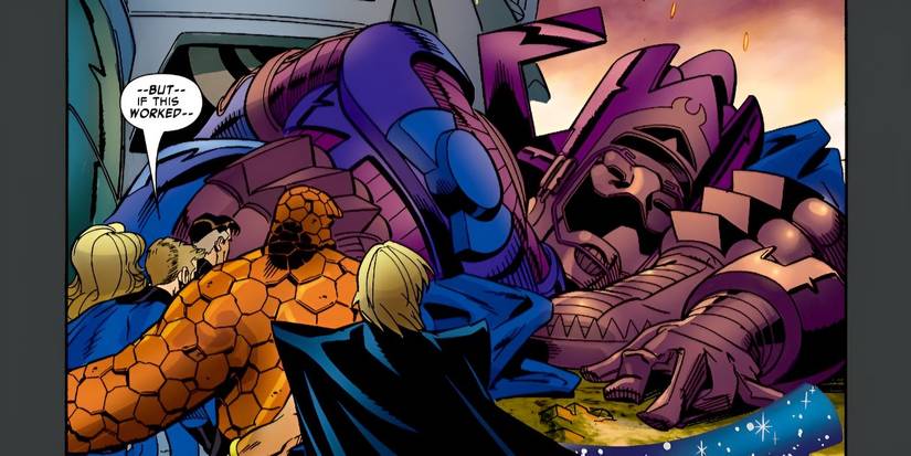 The Fantastic Four look at Galactus's empty armor.