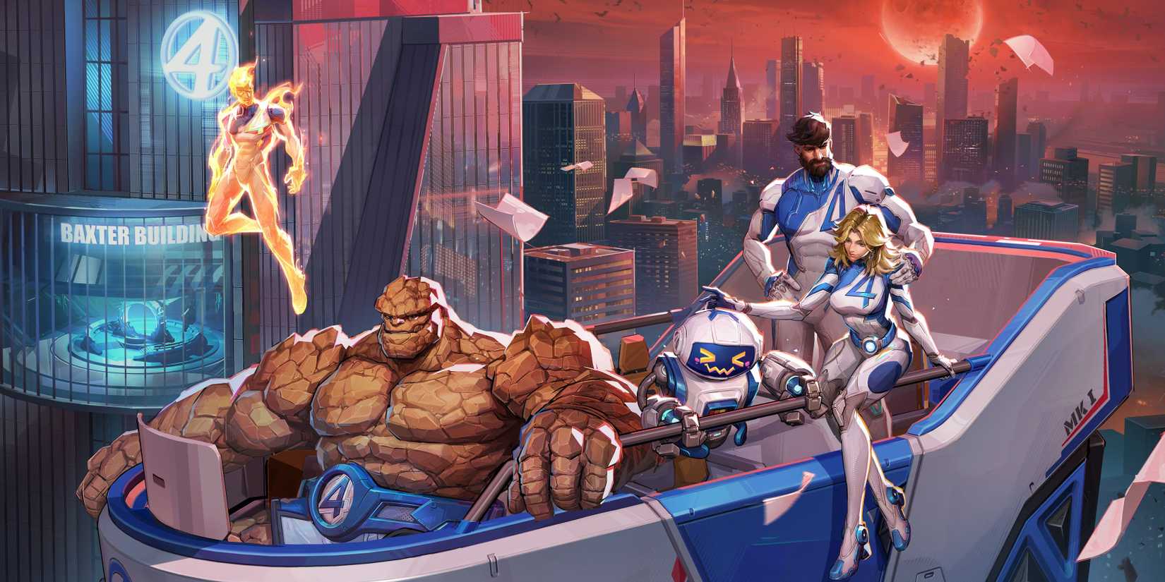 The Fantastic Four in their Fantasticar in art from Marvel Rivals.