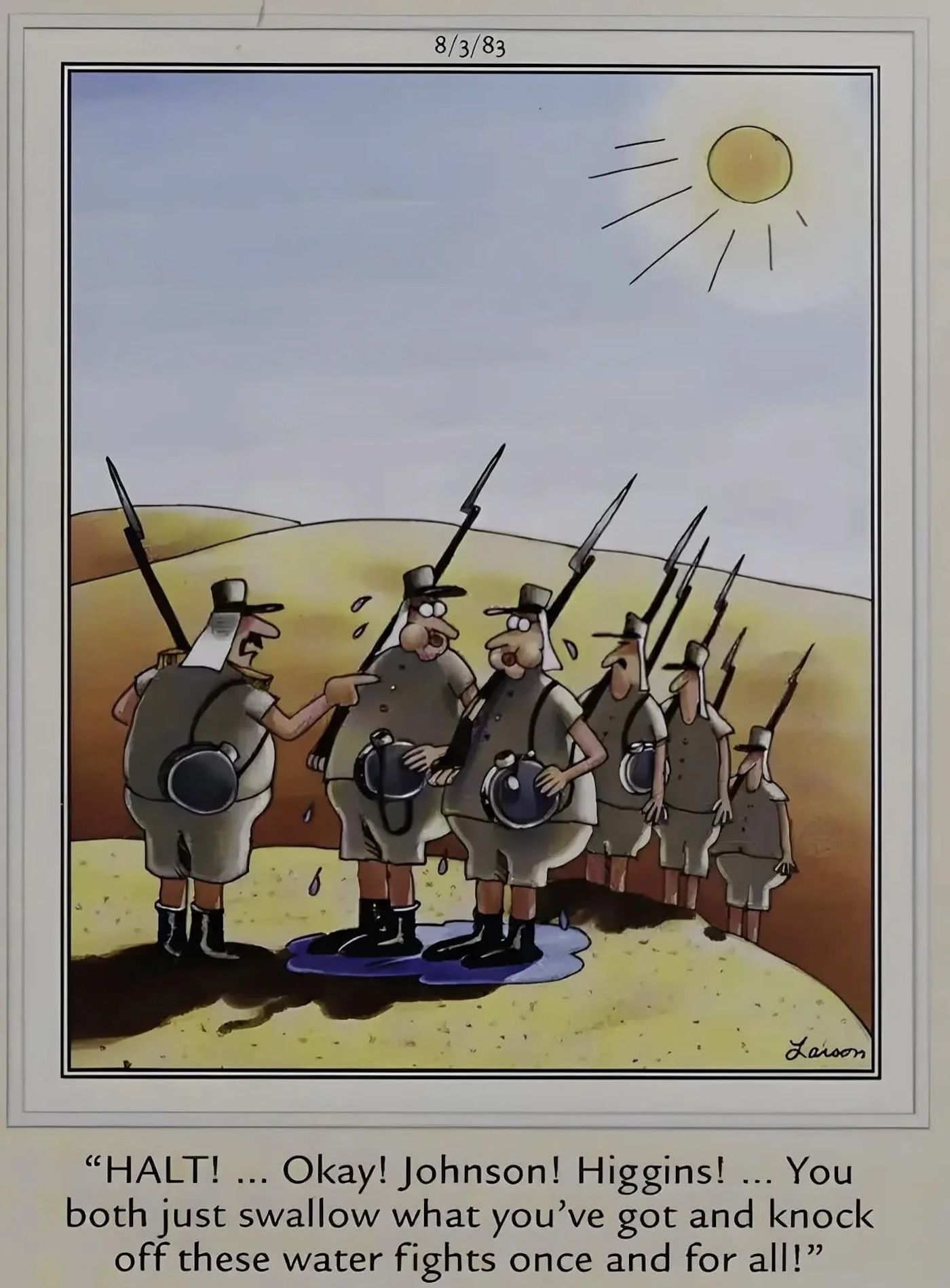 La bande Far Side : des soldats marchent dans le désert, deux soldats se tiennent au-dessus d’une flaque d’eau.