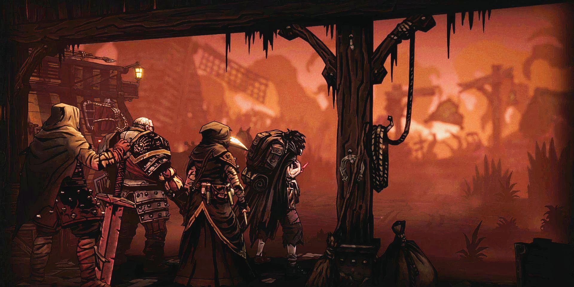 The four heroes look out onto the Foetor in Darkest Dungeon 2 Kingdoms