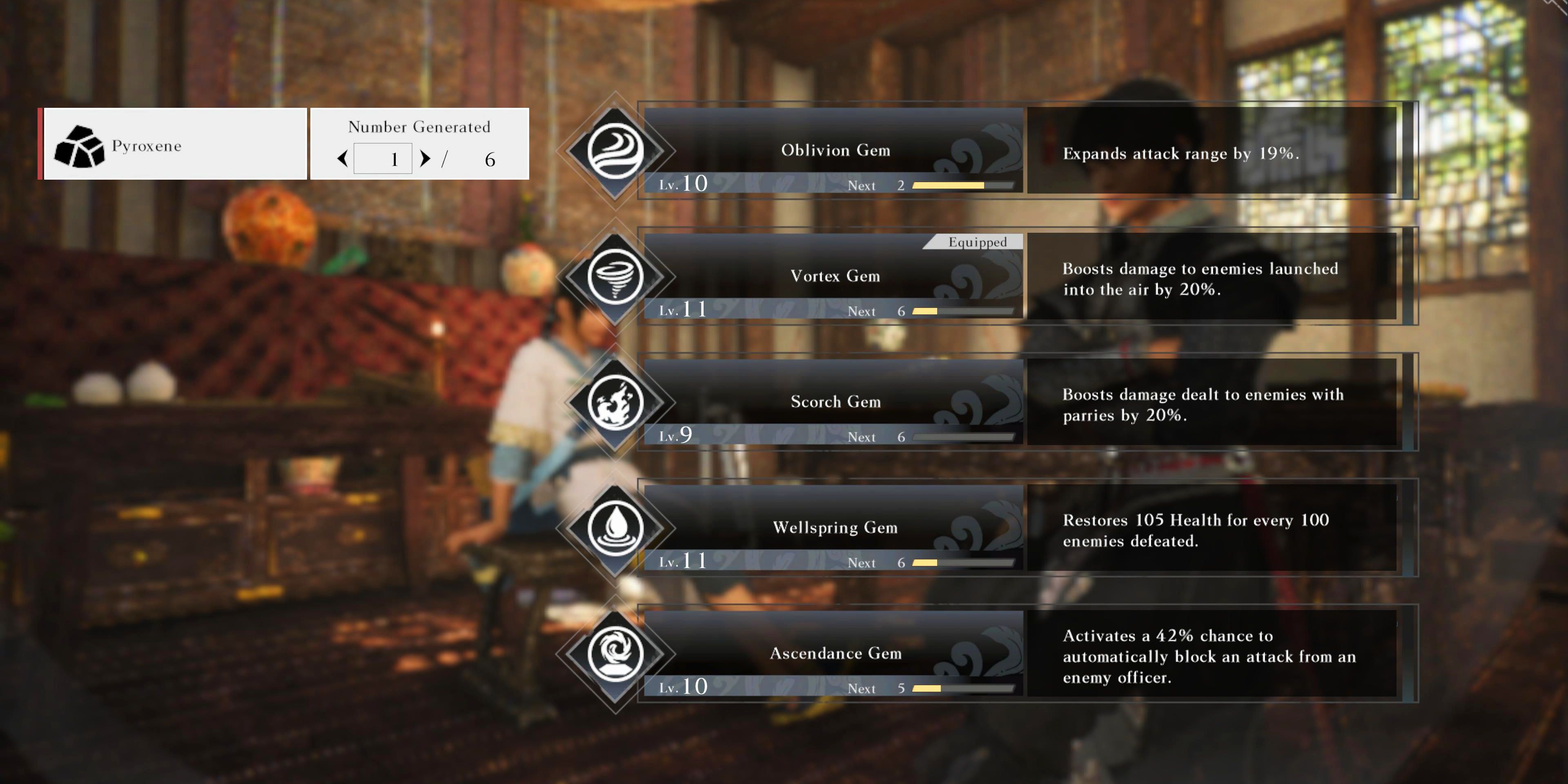 The gem crafting screen from Dynasty Warriors Origins, showing all five possible gems with six pyroxene available.