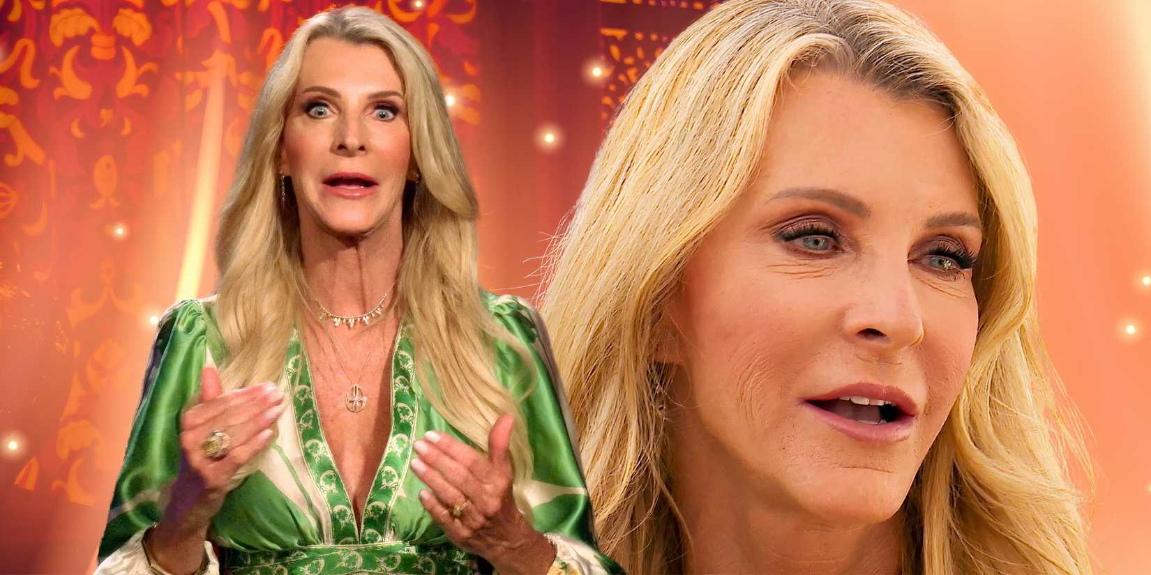 The Golden Bachelorette montage of Joan Vassos with a close up and her a green dress and orange background