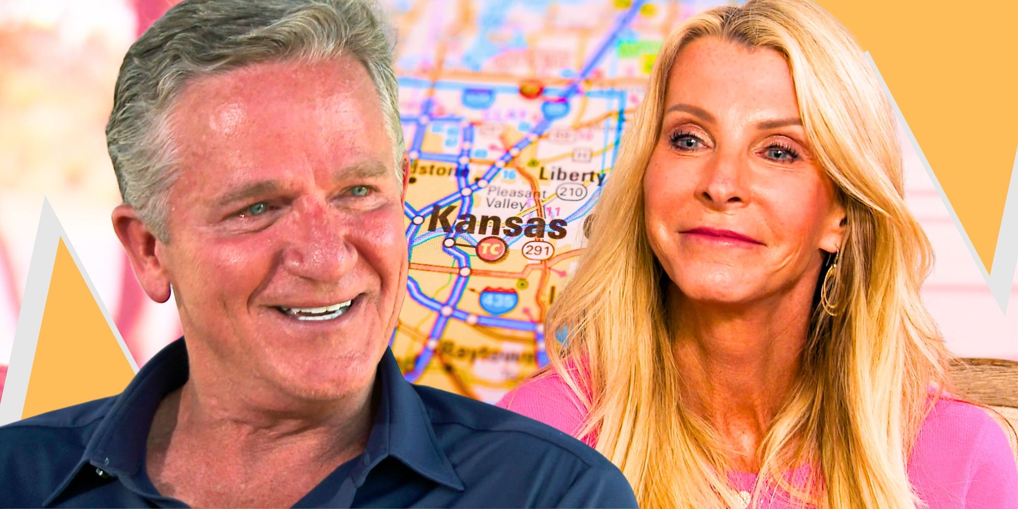 The Chock Chapple and Joan Bachelorette Golden Bachelorette alongside a map of Kansas