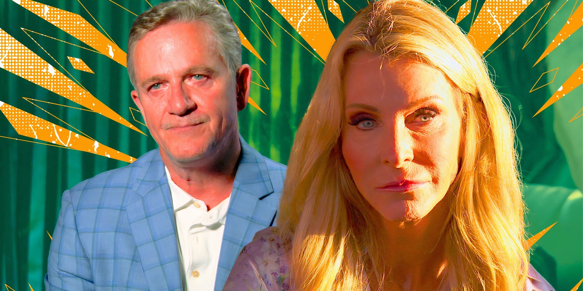 the golden bachelorette star chock chapple in blue suit with joan vassos looking sad and green background