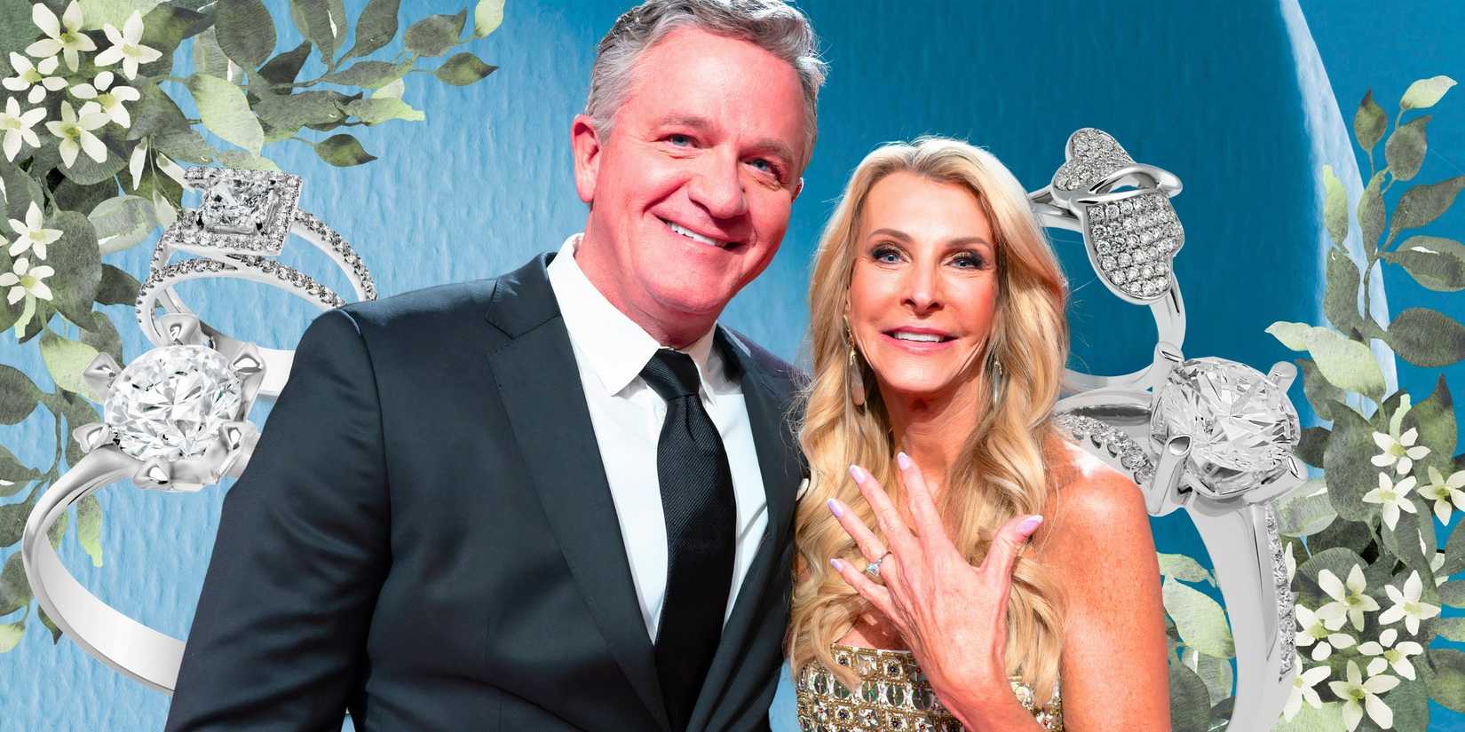 the golden bachelorette stars chock chapple and joan vassos with her showing off ring and tiffany blue background