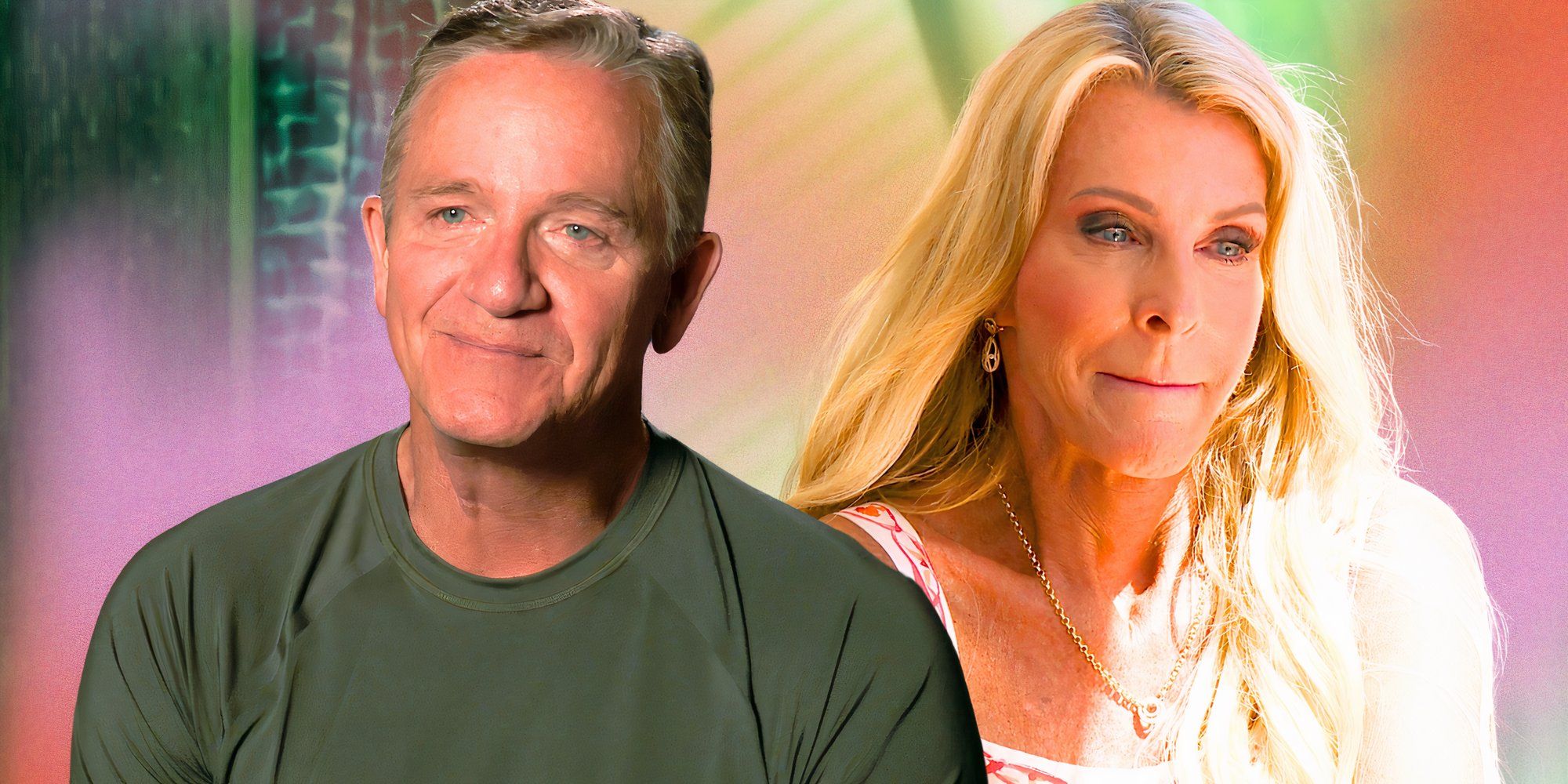 the golden bachelorette stars chock chapple and joan vassos with him serious and her smiling and pastel background