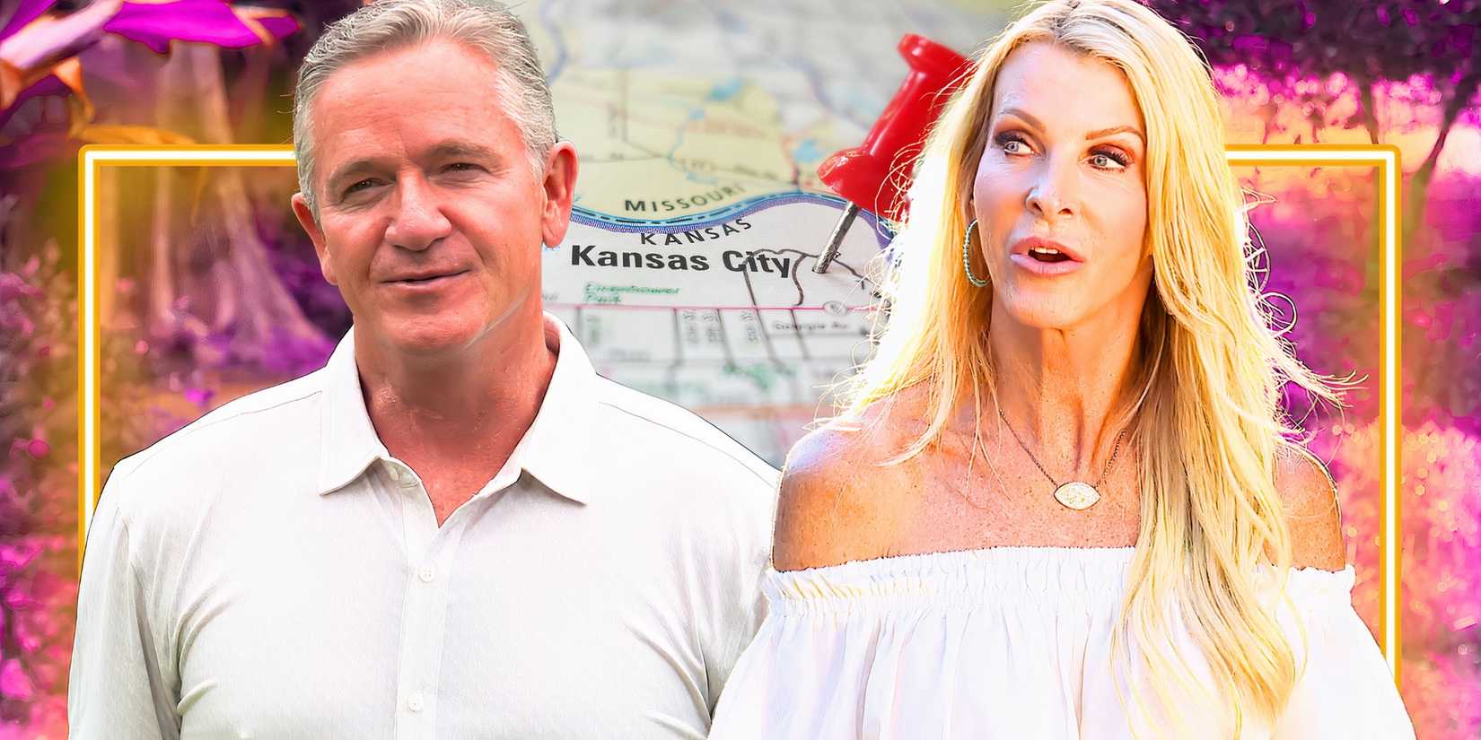 mage of The golden bachelorette's chock chapple and joan vassos with kansas on a map