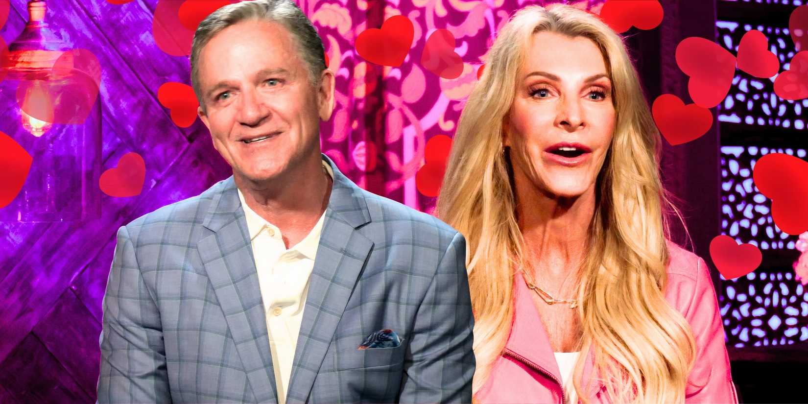 image of The Golden Bachelorette's Joan Vassos And Chock Chapple with hearts in the background