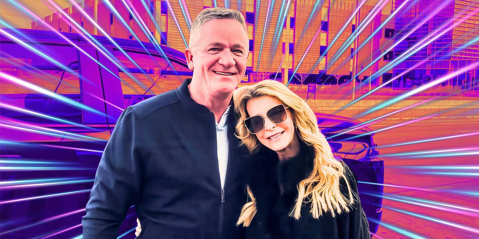 image of The Golden Bachelorette’s Joan Vassos and Chock Chapple side by side with purple and blue stripes