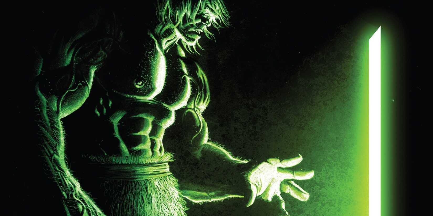 The Hulk Reaches toward his Green Door, casting an emerald light against him.