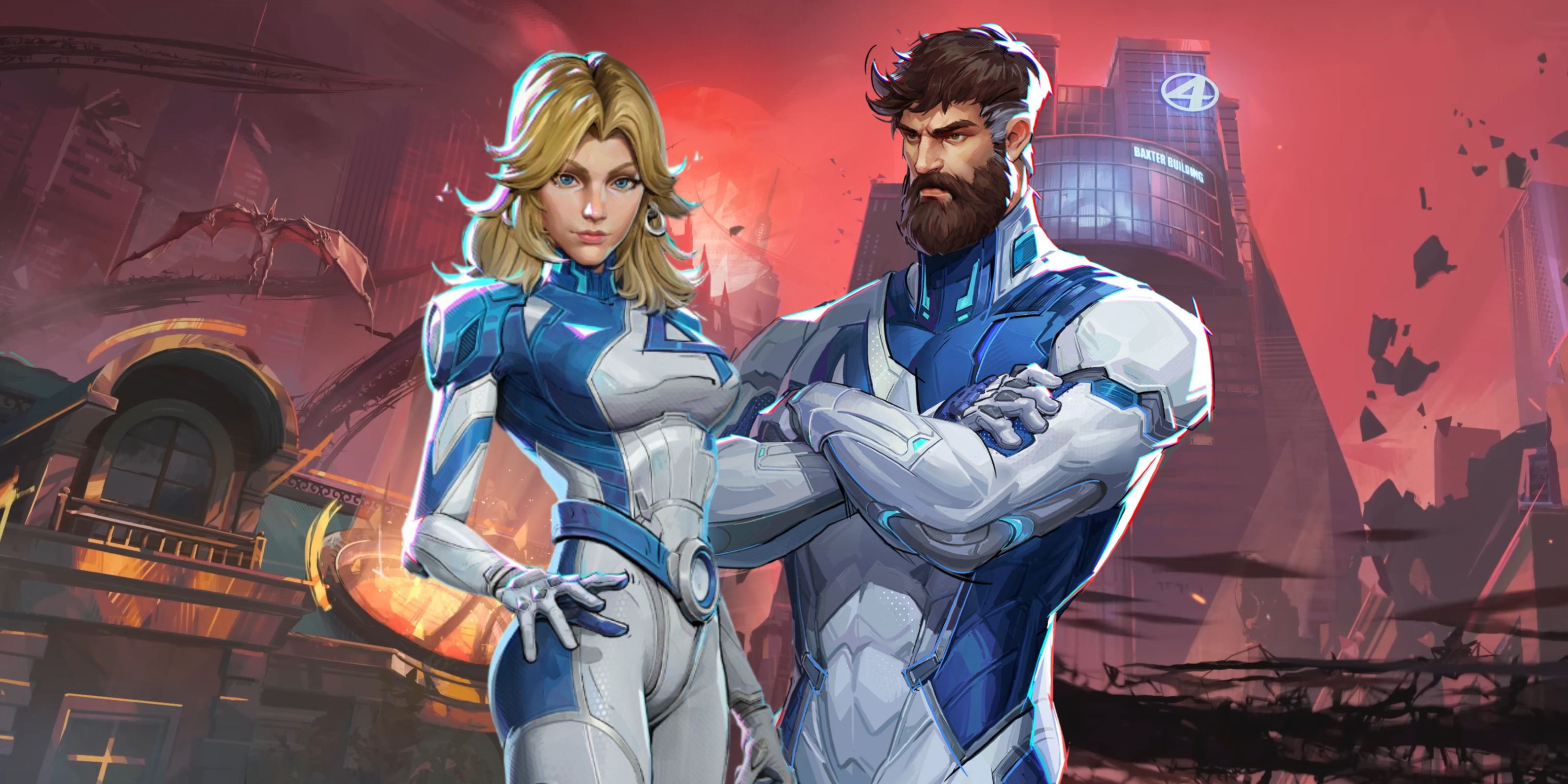 The Invisible Woman and Mr. Fantastic in front of a collage of maps from season 1 of Marvel Rivals.