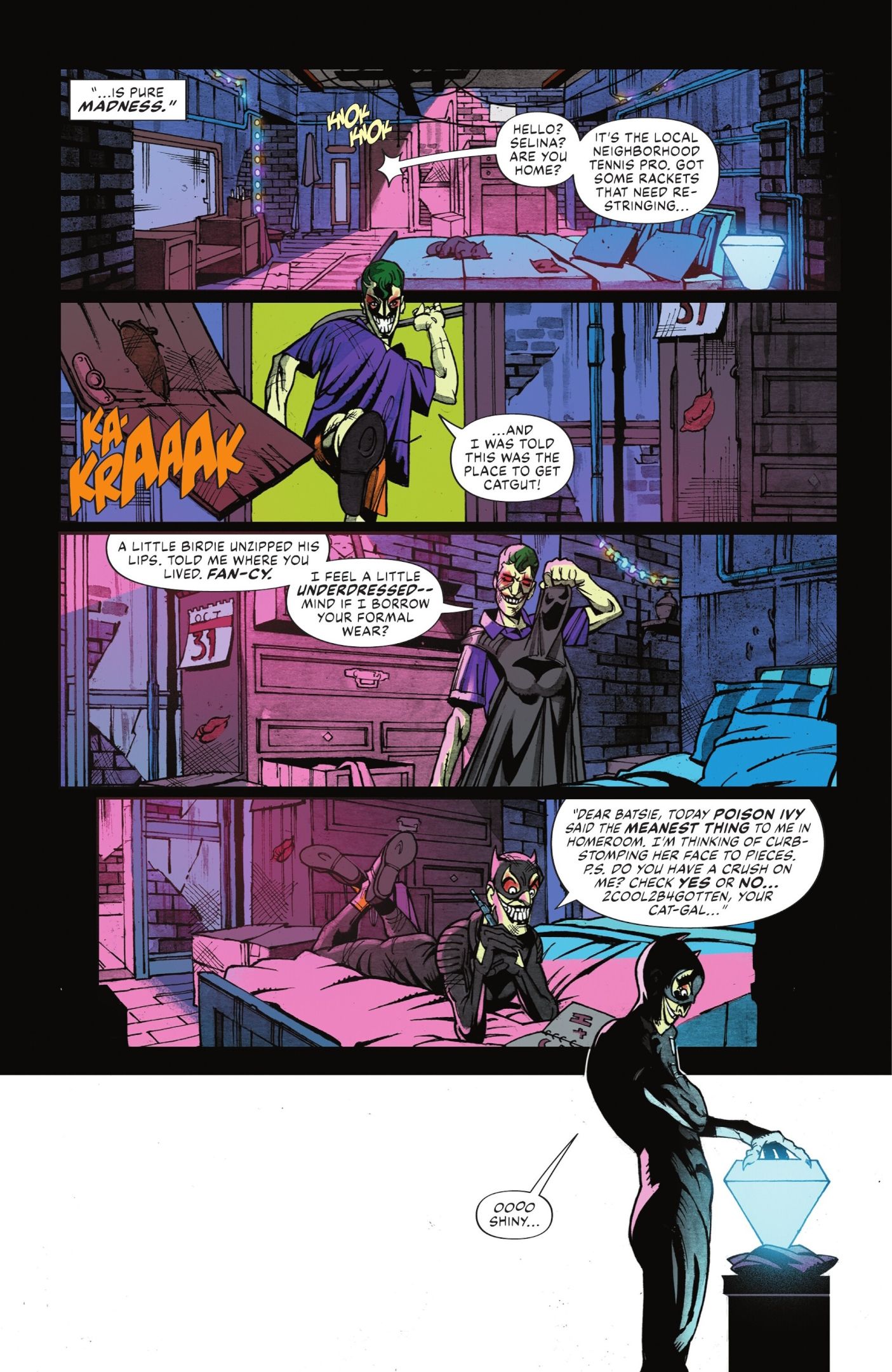 Comic book Page: The Joker steals and wears one of the clothes of Catwomans