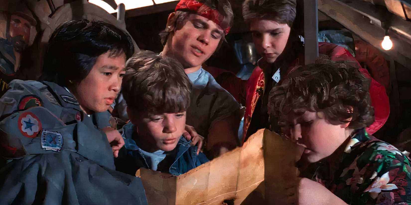 The kids all looking at the map in the attic in The Goonies