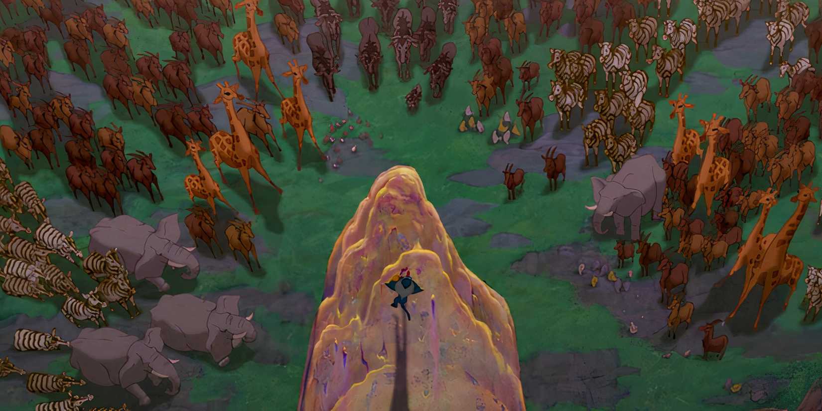 The animals from the Pride Lands bow down to Simba in The Lion King.