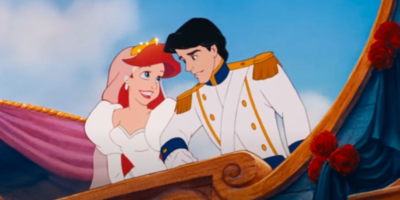 Ariel and Eric in their wedding attire and smiling in the little mermaid 1989