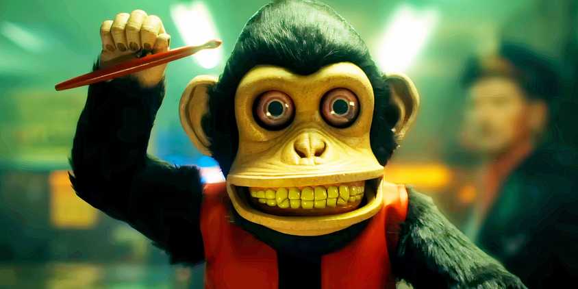 The monkey with one drumstick raised in The Monkey 2025