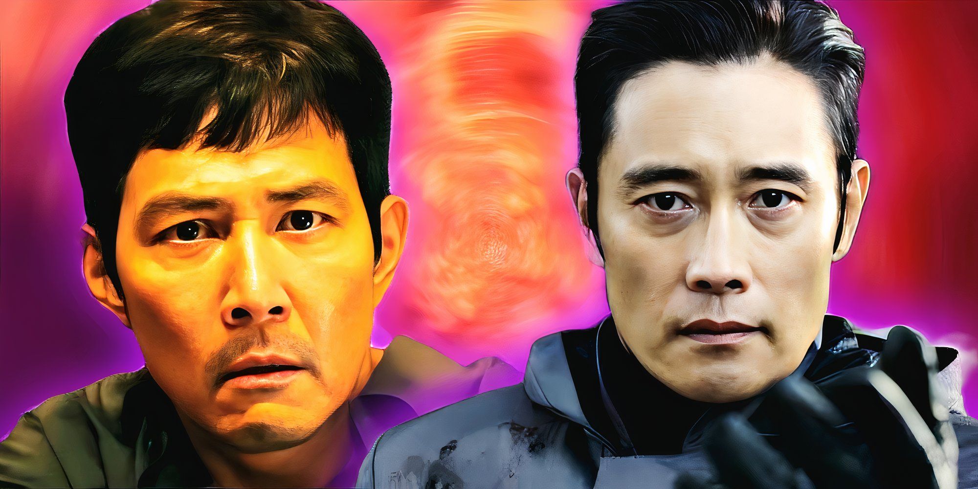 Lee Jung-jae as Gi-hun and Lee Byung-hun as Front Man in Squid Game