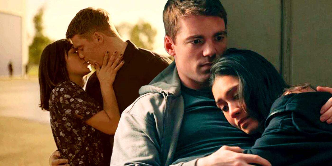 Peter hugging Rose in The Night Agent season 2 with image of them kissing in background