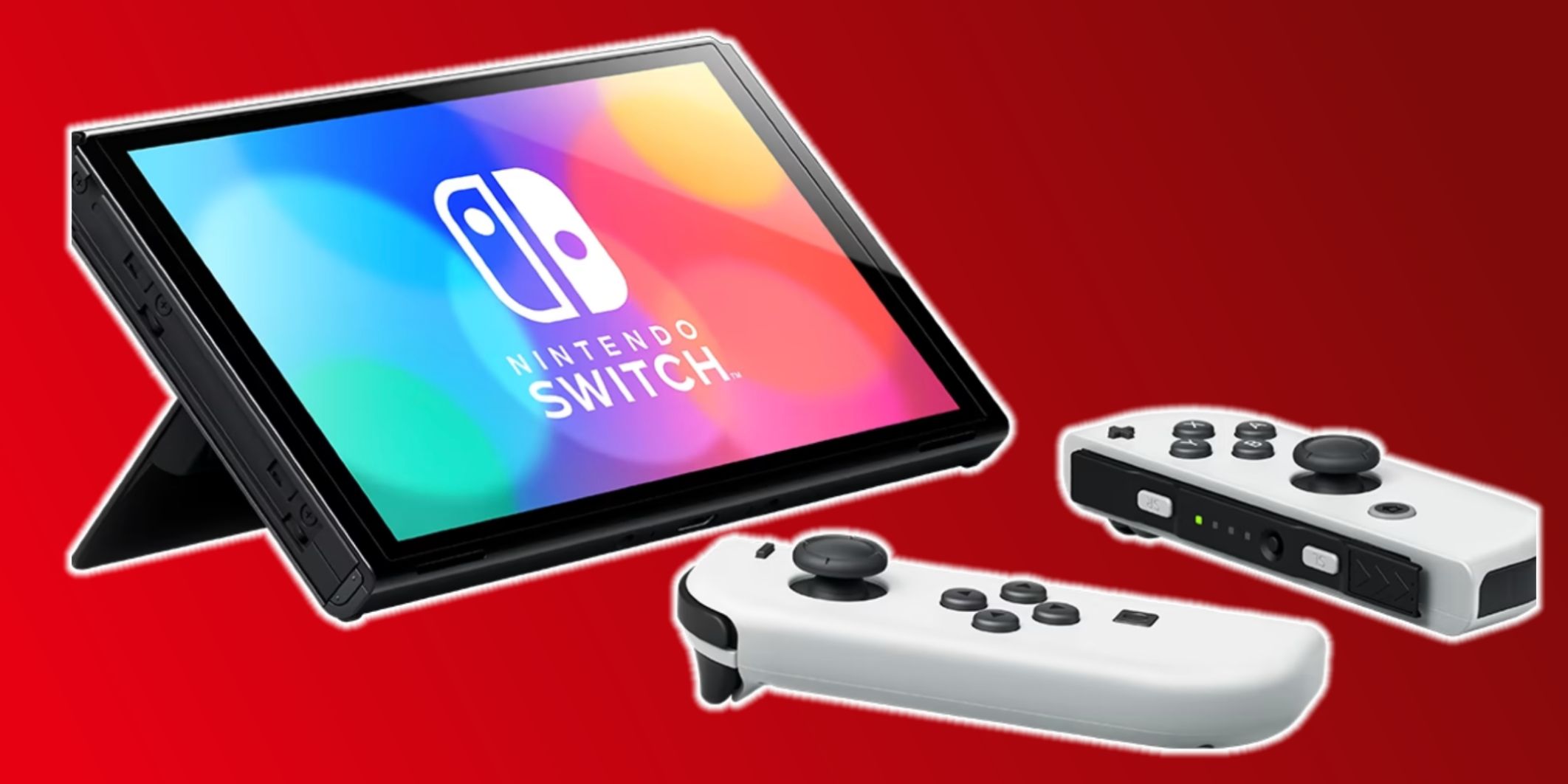 The Nintendo Switch with JoyCons separate, over a Nintendo red background.-1