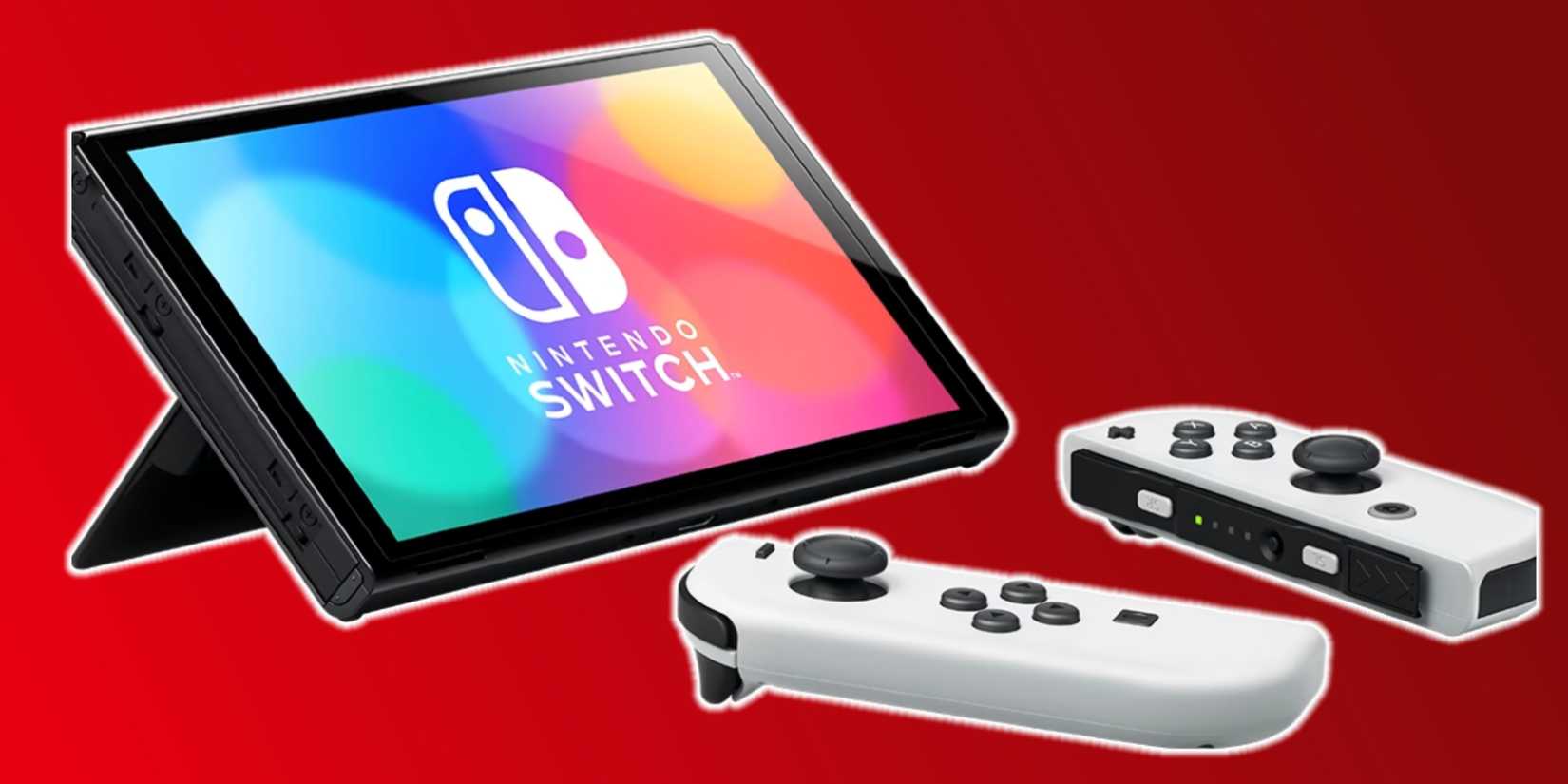 The Nintendo Switch with JoyCons separate, over a Nintendo red background.-1