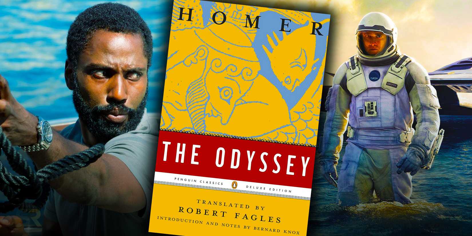 The cover of The Odyssey in front of imagery from Tenet and Interstellar