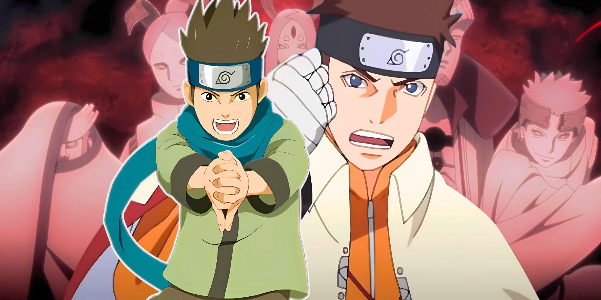 The Otsutsuki members in the background with  Konohamaru&rsquo;s adult and kid version edited together